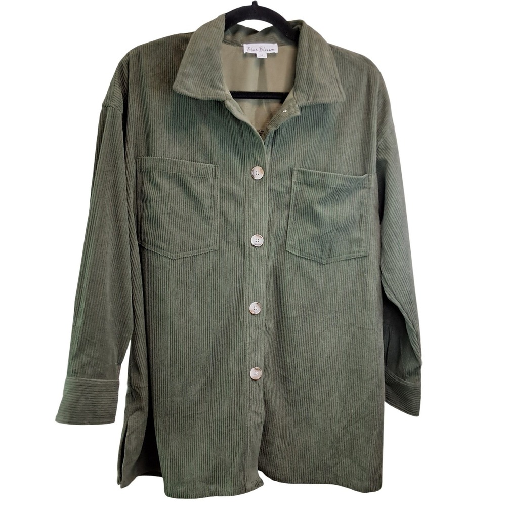 Blue Blossom Green Corduroy Button Down Shacket Jacket Womens Medium Oversized